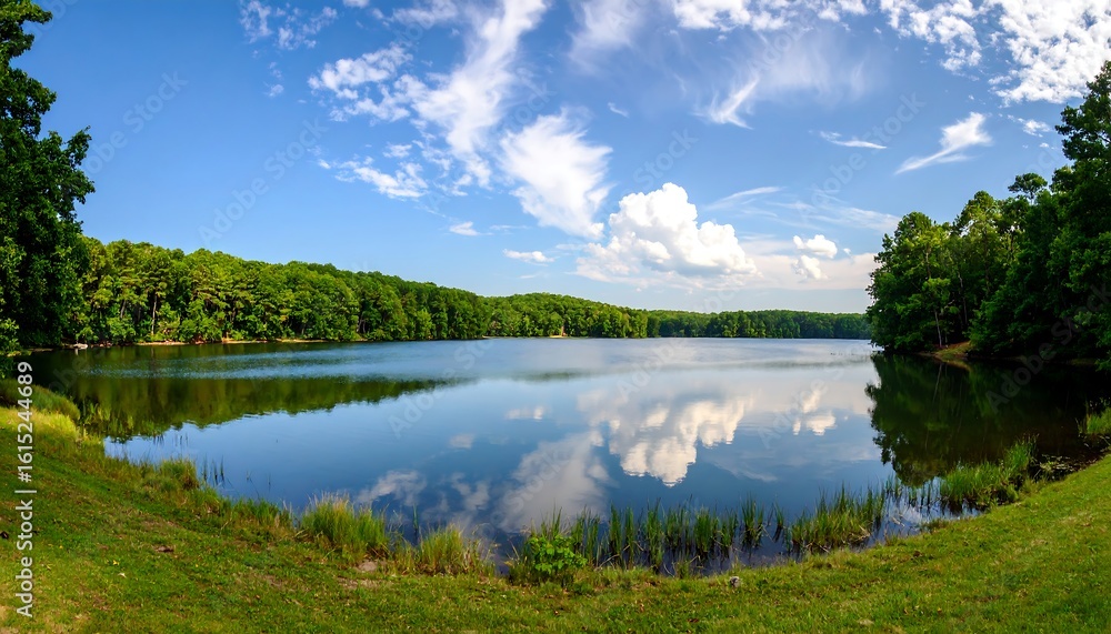 Idyllic lake scene with reflections and a forest backdrop showcasing natures splendor Idyllic lake scene with reflections and a forest backdrop showcasing natures splendor
