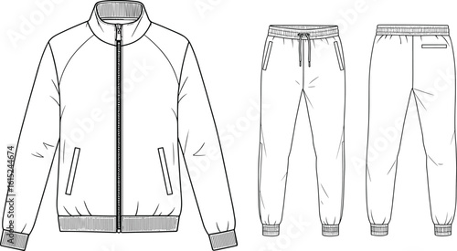 Men’s tracksuit jacket and jogger pants technical fashion flat sketch, zip up collar jacket and drawstring pants cad drawing flat vector illustration