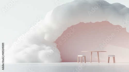 Abstract cloud-like room with wooden table