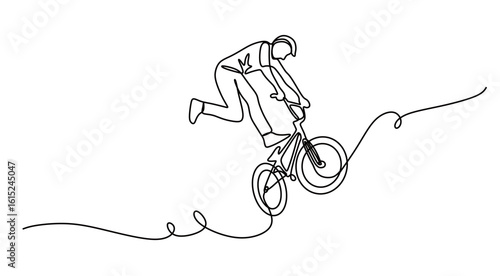 Continuous line art of a man performing and stunting on his bicycle. High jumps and falls from a height, the concept of showing off his cycling skills.