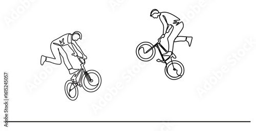 Continuous line art of a man performing and stunting on his bicycle. High jumps and falls from a height, the concept of showing off his cycling skills.