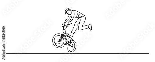 Continuous line art of a man performing and stunting on his bicycle. High jumps and falls from a height, the concept of showing off his cycling skills.