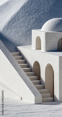 Minimal white building with arched doorways and steps ascending in a sunny, soft environment. Textural shadow play with a domed roof element