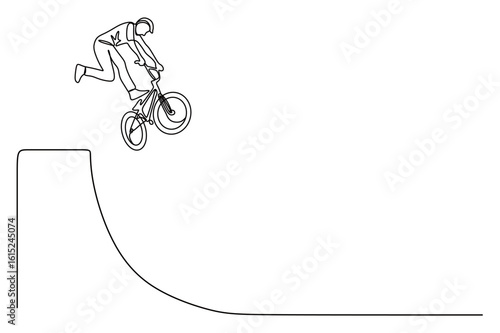 Continuous line art of a man performing and stunting on his bicycle. High jumps and falls from a height, the concept of showing off his cycling skills.