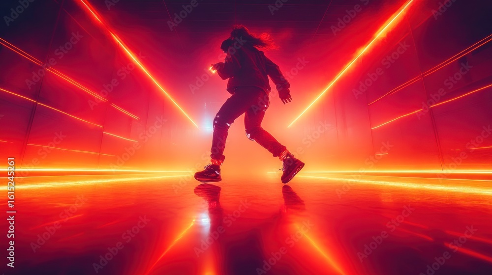 Obraz premium Silhouette dancer in neon light tunnel