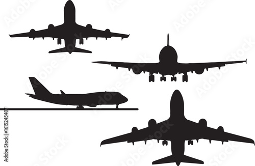 Black airplane silhouettes flying and on ground aircraft, airplane, aircraft, jet, transport, travel, aviation, silhouette, black, white, flying, ground, wings, engines, tail, fuselage, commercial, pa