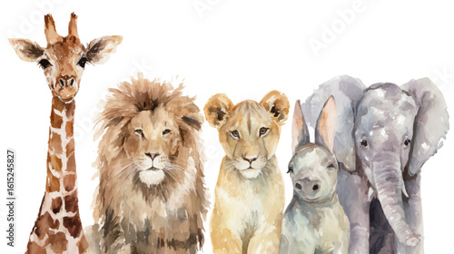 Playful watercolor illustration of safari animals in soft pastel tones.