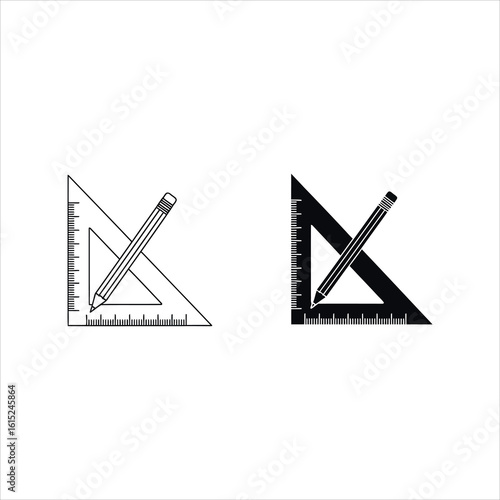 Black and white graphic icons of a drafting triangle and pencil ruler drawing