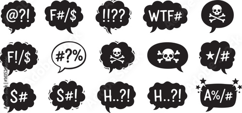 Black speech bubbles with censored curse words and symbols, speech bubbles, black, white, symbols, curse words, censored, exclamation, question mark, dollar sign, hash, asterisk, skull, crossbones, st