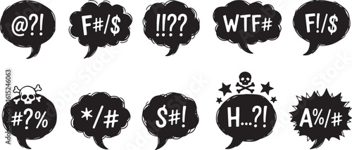 Black speech bubbles with censored exclamations and symbols, speech bubble, black, white, text, symbols, exclamation, censored, curse, profanity, communication, expression, graphic, illustration, desi