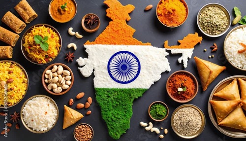 Traditional Indian food arranged to form India map with vibrant tricolor accents for Independence Day celebration