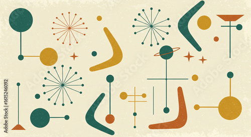 Retro abstract background with mid-century modern atomic and space age elements. Vintage 1950s style pattern with geometric shapes, boomerangs, and starbursts on a textured backdrop.