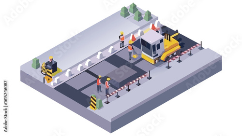 Isometric view of road construction site with workers and machinery repairing the asphalt pavement
