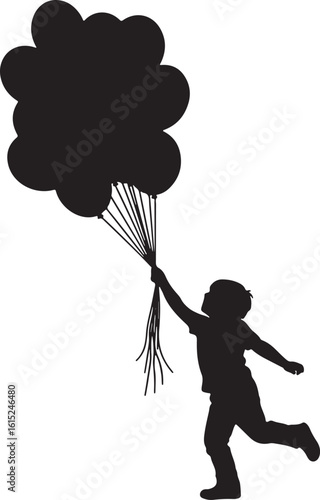 Child running with bunch of balloons black, child, running, balloons, bunch, black, silhouette, white background, celebration, joy, freedom, outdoor, playful, happy, childhood, party, festive, summer,