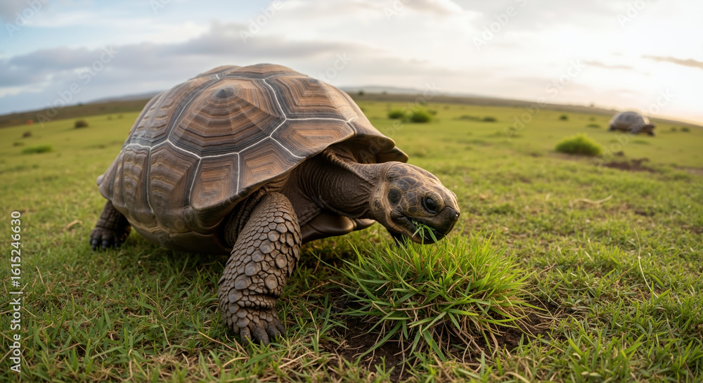 Fototapeta premium Giant tortoise eating grass in natural grassland environment. Large reptile grazing in habitat for wildlife conservation and longevity awareness campaigns