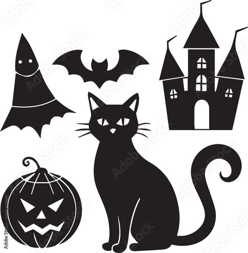  "Spooky Halloween Black Cat Silhouette Bundle – Cute and Scary Cat Clipart with Pumpkins, Bats & Haunted Elements"