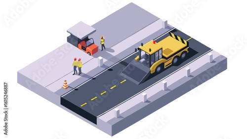 Isometric view of road construction with yellow machine and workers near orange vehicle and cone