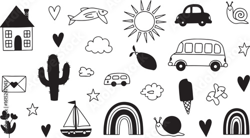 House fish sun car snail cactus envelope sailboat rainbow ice cream flowers clouds, house, fish, sun, car, snail, cactus, envelope, sailboat, rainbow, ice cream, flowers, clouds, black, white, doodle,