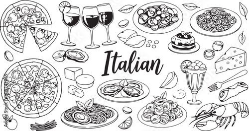 Italian food and drink assortment with pizza pasta wine oysters cheese lobster, italian food, pizza, pasta, wine, oysters, cheese, lobster, dessert, food illustration, culinary, dining, cuisine, black