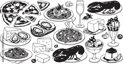 Italian food and seafood feast pizza pasta, pizza, pasta, lobster, oysters, cheese, wine, dessert, italian cuisine, seafood, gourmet, celebration, black and white, illustration, food, dining, deliciou
