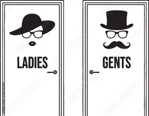 Ladies and gents restroom signs with iconic silhouettes, restroom signs, ladies, gents, door signs, black and white, silhouette, hat, glasses, mustache, lips, door handles, public facilities, signage,