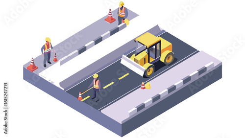 Isometric view of road construction site with workers and bulldozer performing maintenance work shown