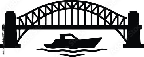 Silhouette bridge boat on water abstract scene vector illustrator