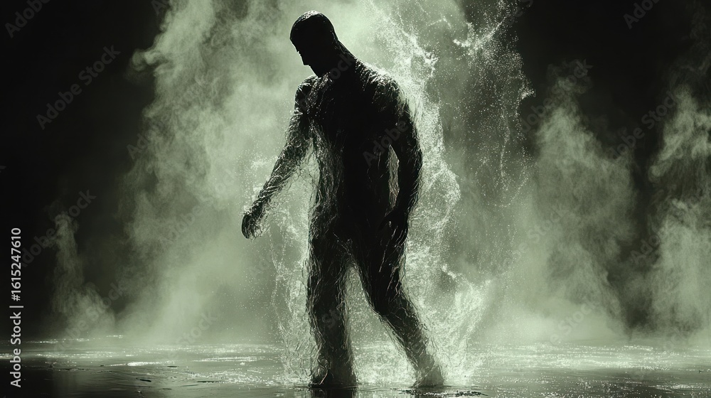 Obraz premium Silhouette of a person walking through water and smoke