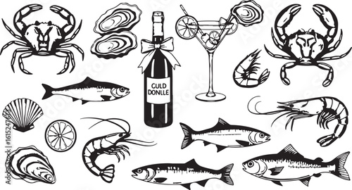 Seafood and drinks collection crab oyster, crab, oyster, fish, shrimp, cocktail, lemon, bottle, seafood, drink, illustration, black and white, vintage, food, beverage, celebration, party, gourmet, del