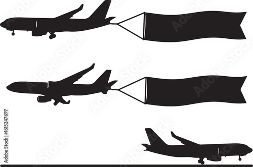Silhouettes of airplanes towing banners aircraft, airplane, aircraft, jet, banner, towing, flying, sky, advertising, transport, travel, black, white, silhouette, graphic, design, vector, illustration,