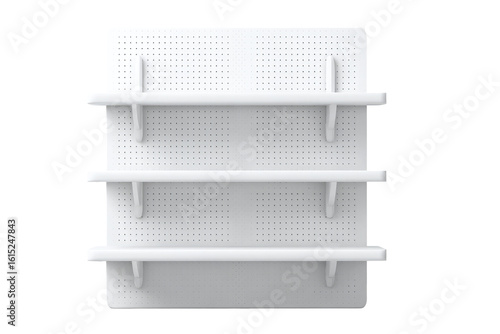 White, three-tiered, pegboard shelving unit