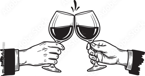Two hands toasting with wine glasses celebration cheers, hands, toasting, wine glasses, celebration, cheers, drink, beverage, black and white, illustration, party, social, gathering, festive, occasion