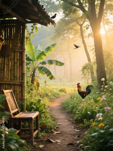 Golden light spills through the trees, warming the bamboo porch and the garden blooming with quiet joy. The scent of soil, damp leaves, and wildflowers hangs in the air