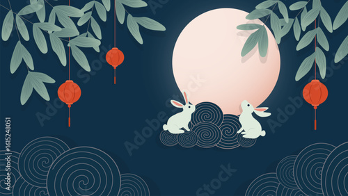 Mid autumn festival, vector illustration with cute rabbits, lanterns, leaves, trees, gingerbread, patterns and full moon. Moon festival. Mid autumn background for design.