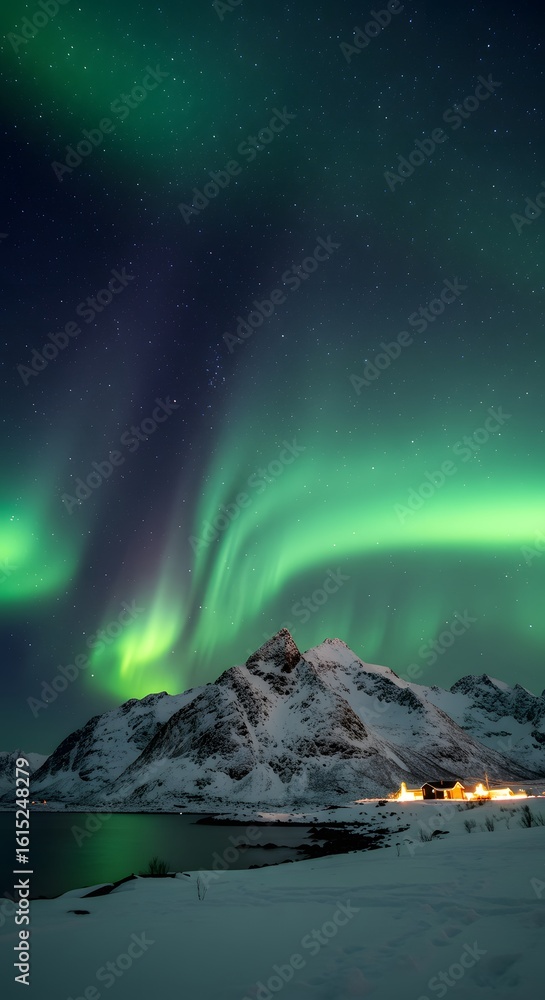 Naklejka premium Northern lights over snowy mountains, starry sky, peaceful vibe