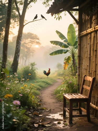 Golden light spills through the trees, warming the bamboo porch and the garden blooming with quiet joy. The scent of soil, damp leaves, and wildflowers hangs in the air