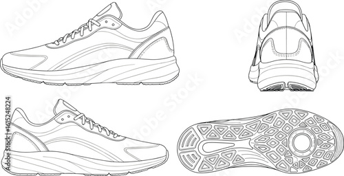 Running shoe cad drawing, side top back sole view, technical sneaker illustration, flat vector footwear design for fashion industry use