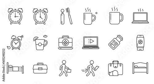 Illustration of morning routine icons including alarm clocks, coffee, and travel items displayed