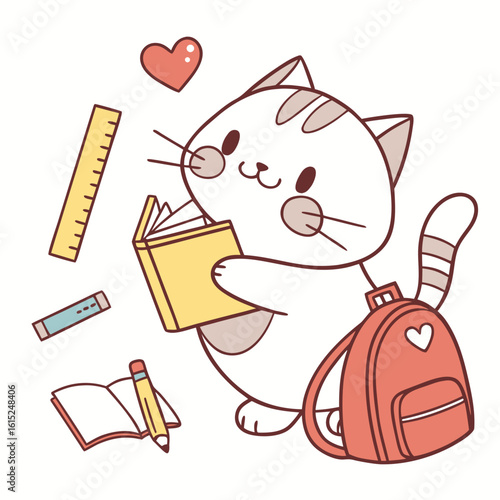 Whimsical Cat feeling Loving in a Back to school setting with holding a heart – colored in Chalkboard Fun