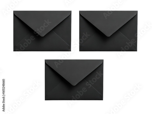 Three black envelopes arranged on a black background.  Each envelope has a standard flap, and appears to be a matte, solid black