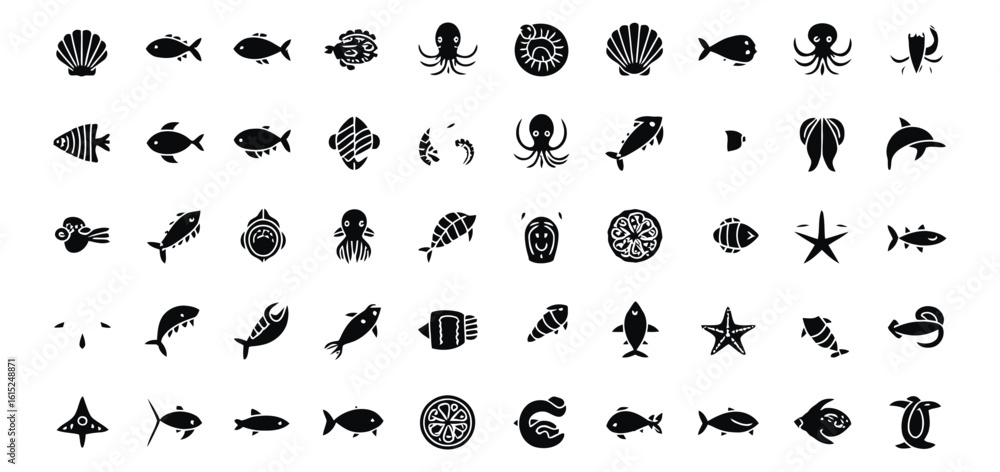 Fototapeta premium WebVector art of a collection of marine life silhouettes, isolated on white background