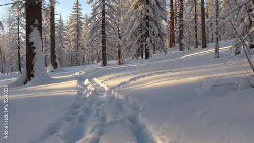 Snowy forest path leads through sunlit trees and fresh powder.