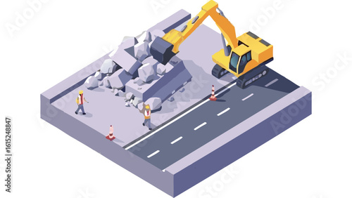 Isometric view of construction site with excavator workers and road under maintenance with rocks