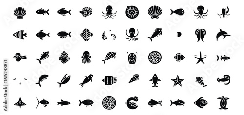 WebVector art of a collection of marine life silhouettes, isolated on white background