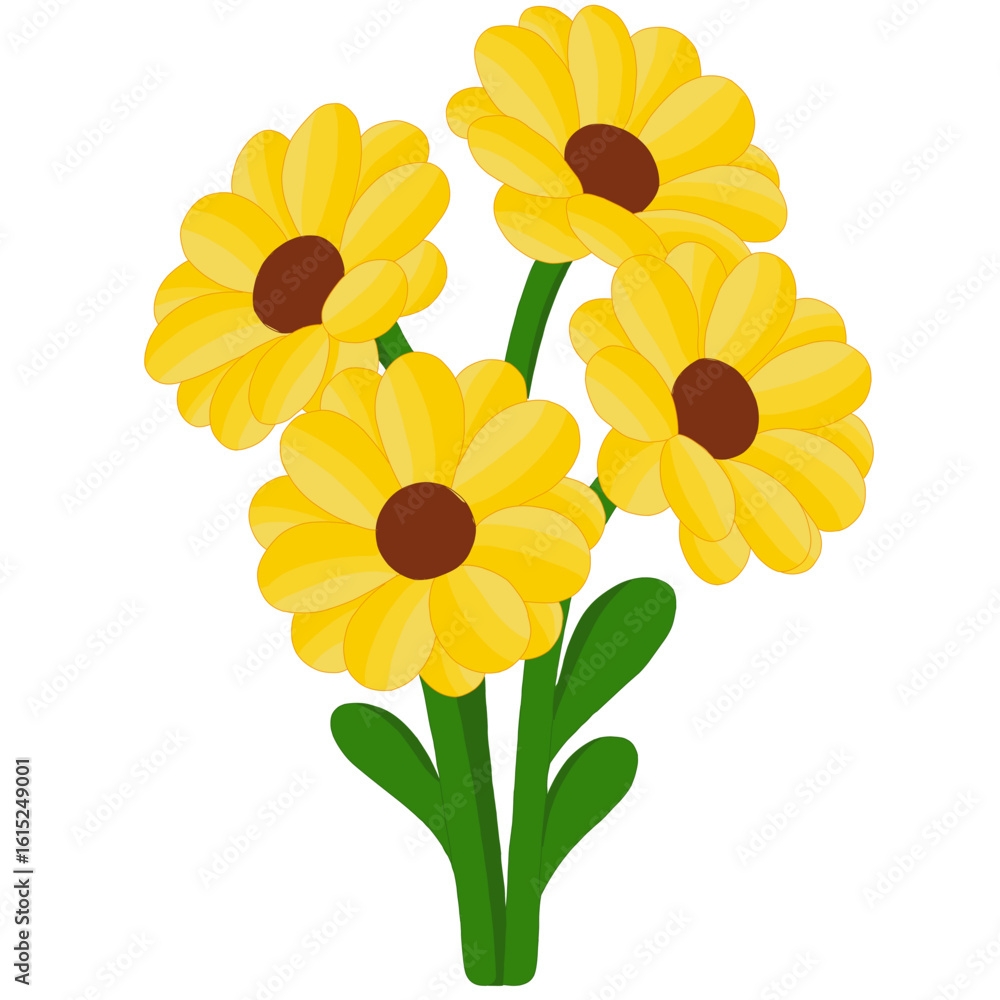 Naklejka premium A vibrant cartoon-style illustration of a bouquet of yellow daisy-like flowers with brown centers and green stems