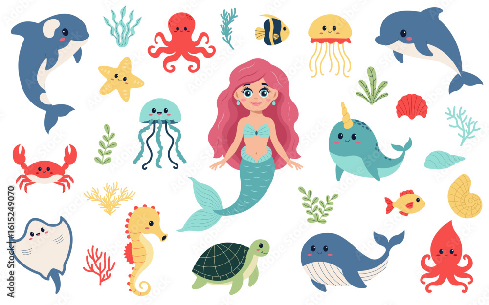 Obraz premium Sea animals set. Fish and wild marine animals are isolated on white background.
