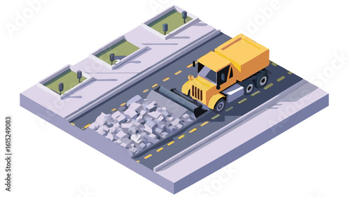 Isometric view of a yellow dump truck removing rubble from a road with a sidewalk and planters