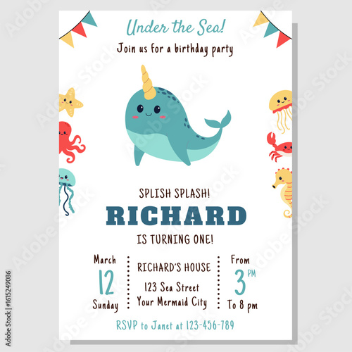 Sea animals party invitation. Kids birthday under the sea invitation with sea animals.
