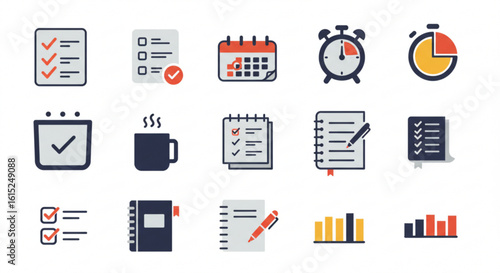 Illustration of various planning and scheduling icons including calendar and checklist images