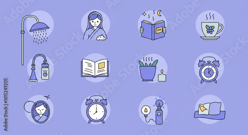 Icons depicting a bedtime routine including shower, reading, tea, and sleep on a purple background